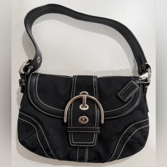 Coach Black Signature Canvas Shoulder Bag with Silver Buckle (soho)